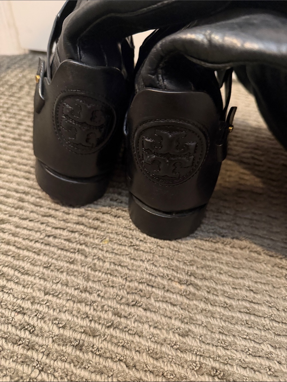 Tory Burch Black Leather Loafers with Embossed Logo Heel